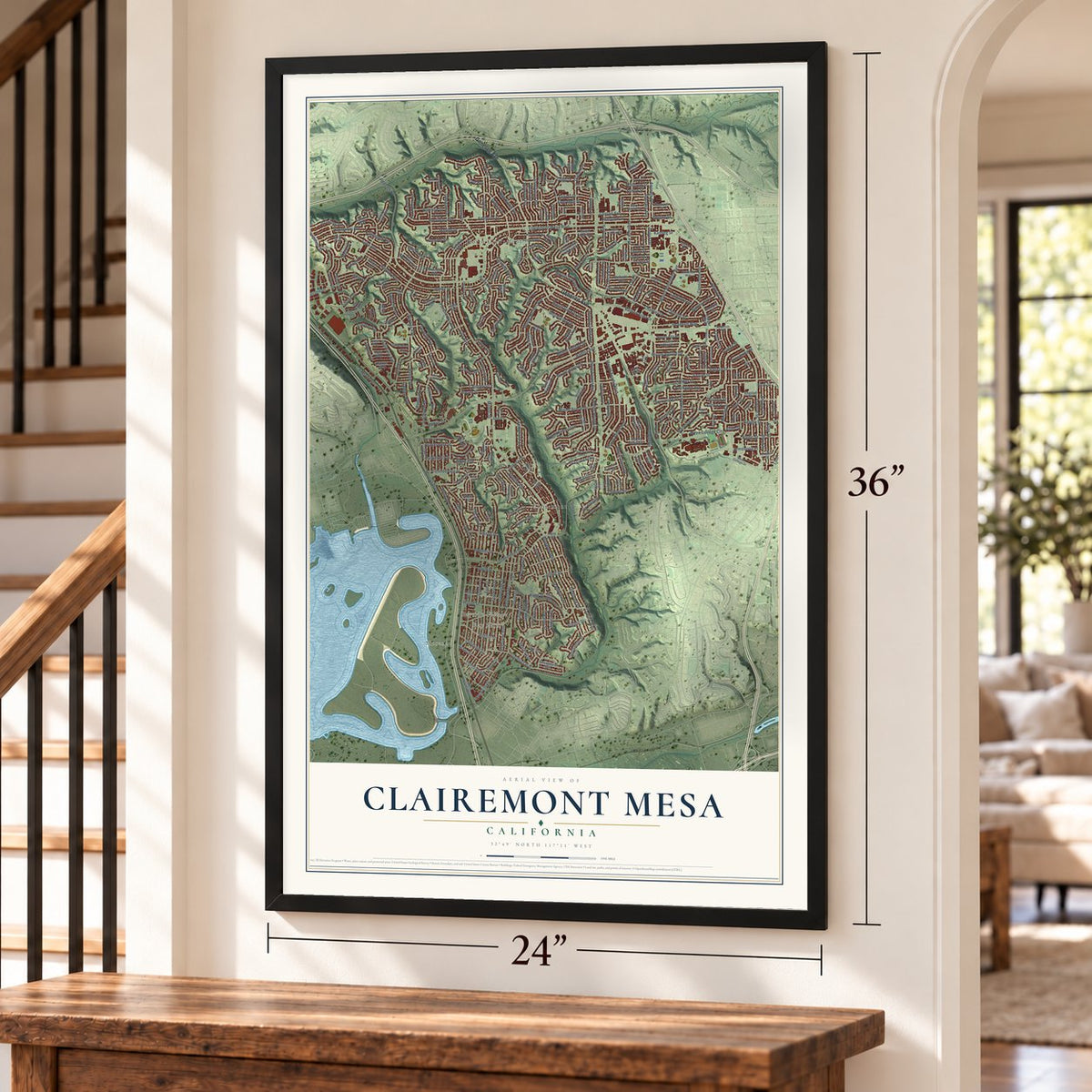 Clairemont Mesa, California map, 24 x 36 inch print in a black frame by a staircase