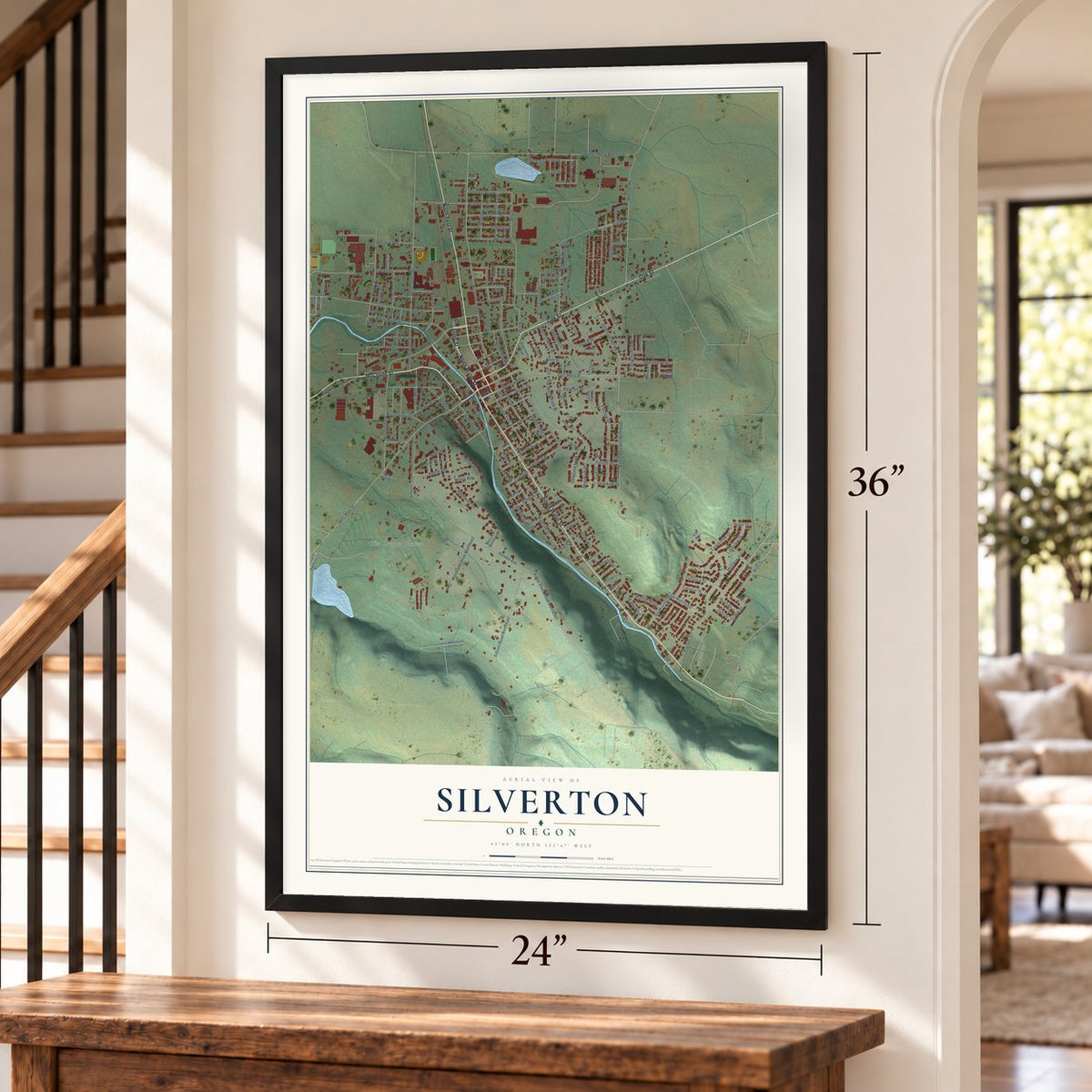 Silverton, Oregon map, 24 x 36 inch print in a black frame by a staircase