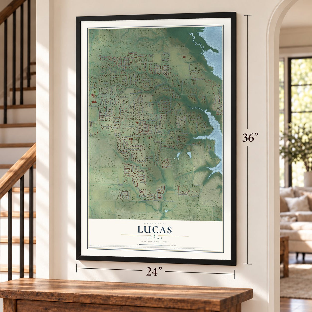 Lucas, Texas map, 24 x 36 inch print in a black frame by a staircase