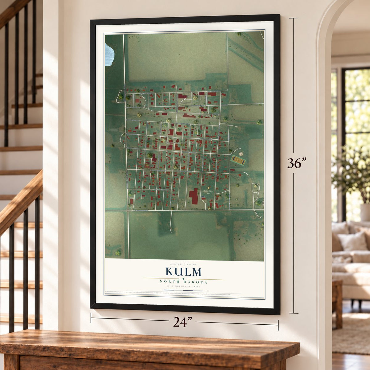 Kulm, North Dakota map, 24 x 36 inch print in a black frame by a staircase
