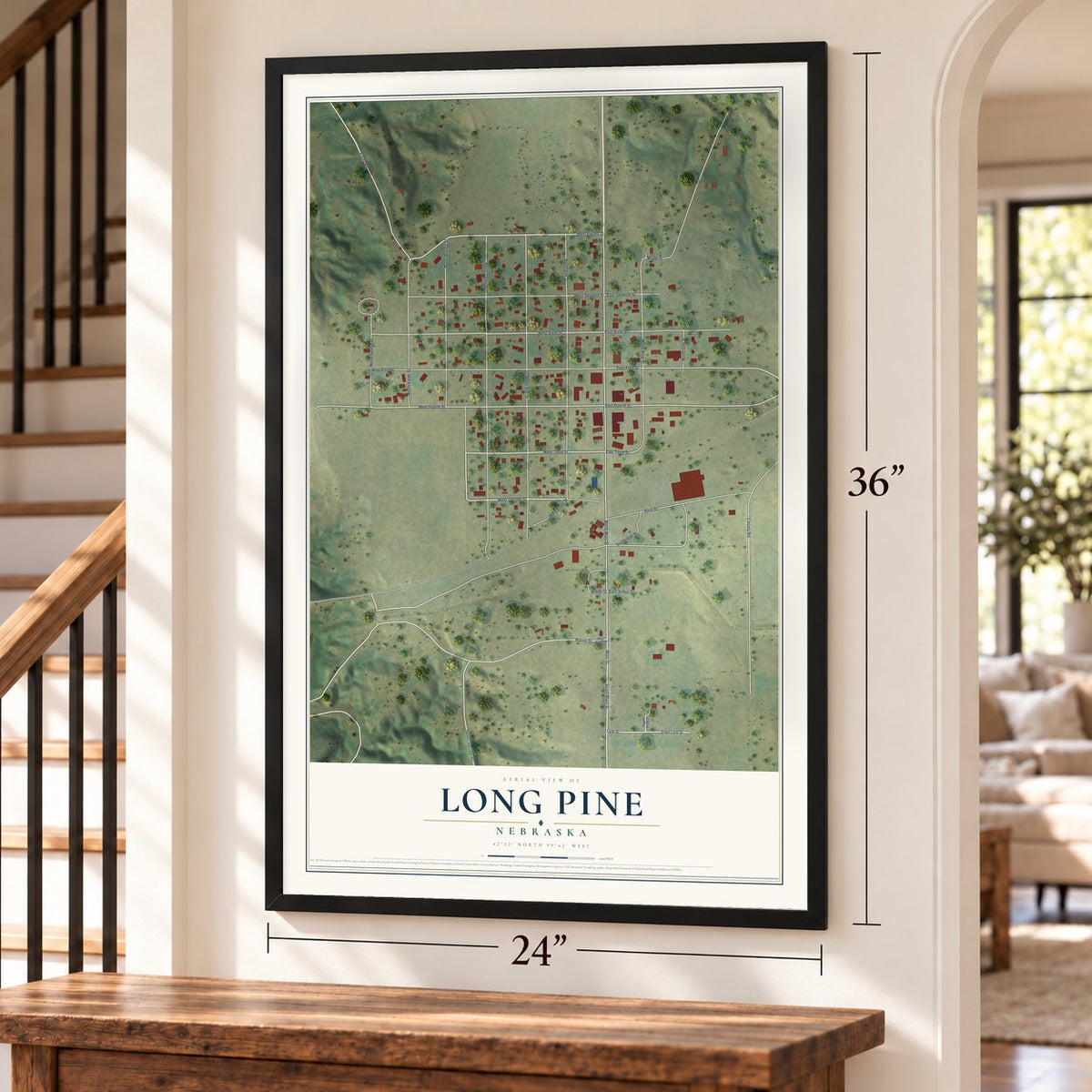 Long Pine, Nebraska map, 24 x 36 inch print in a black frame by a staircase