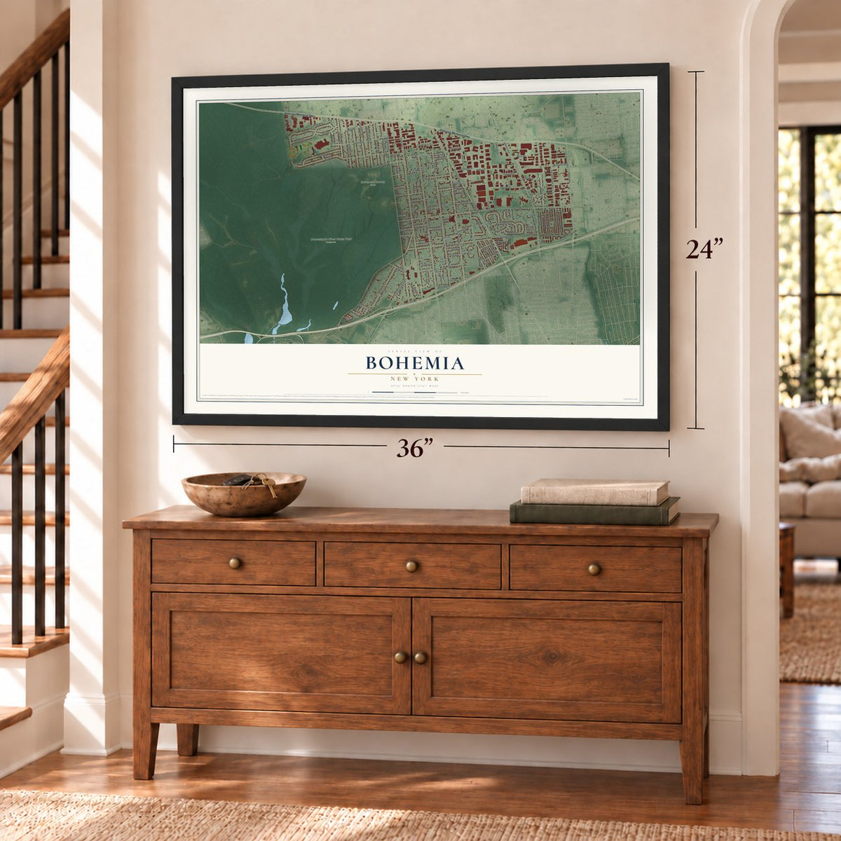 Bohemia, New York map, 24 x 36 inch print in a black frame above a dresser by a staircase