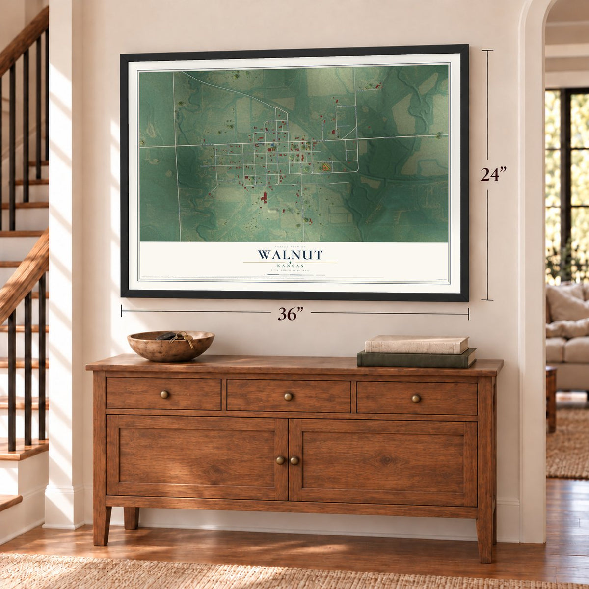 Walnut, Kansas map, 24 x 36 inch print in a black frame above a dresser by a staircase