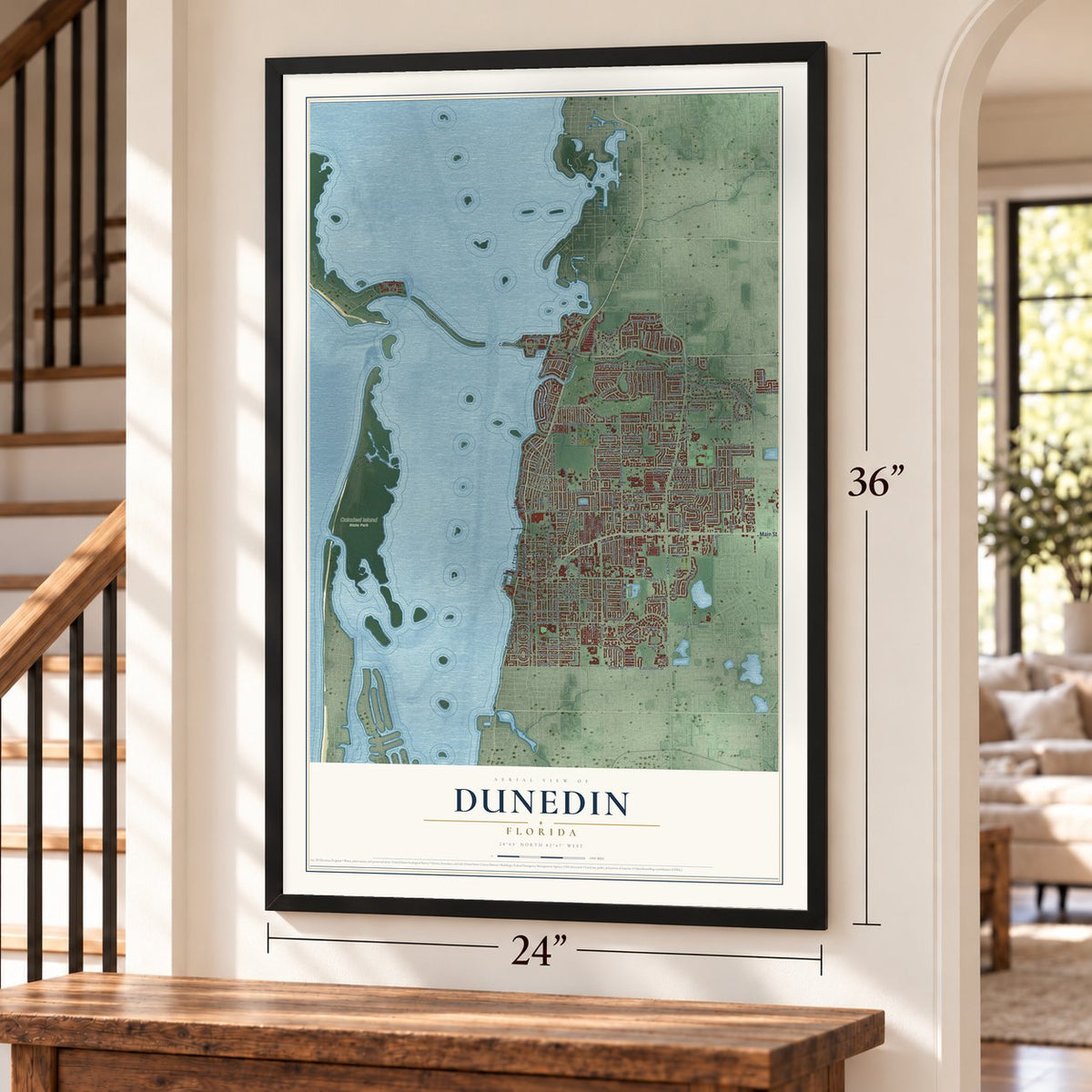 Dunedin, Florida map, 24 x 36 inch print in a black frame by a staircase