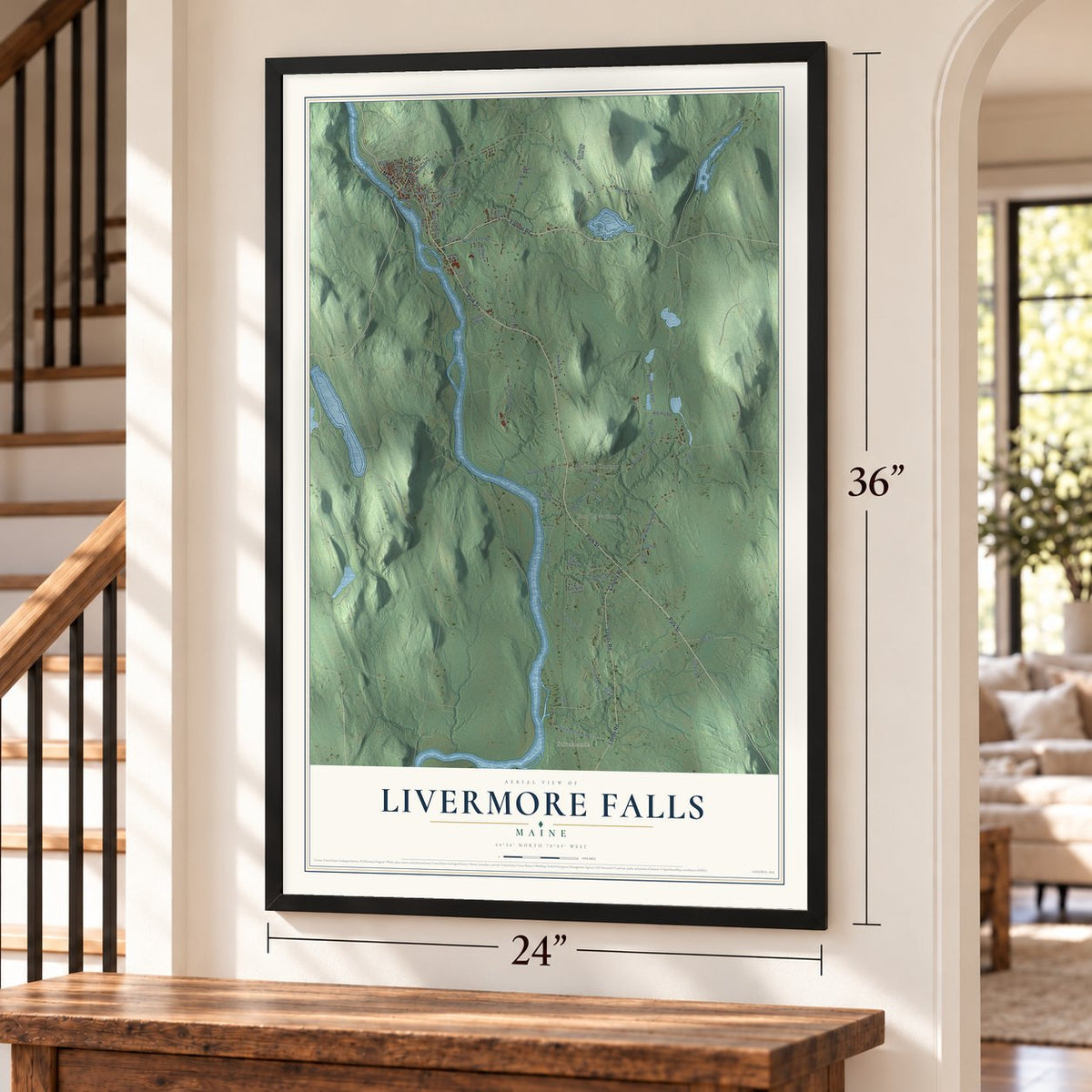 Livermore Falls, Maine map, 24 x 36 inch print in a black frame by a staircase