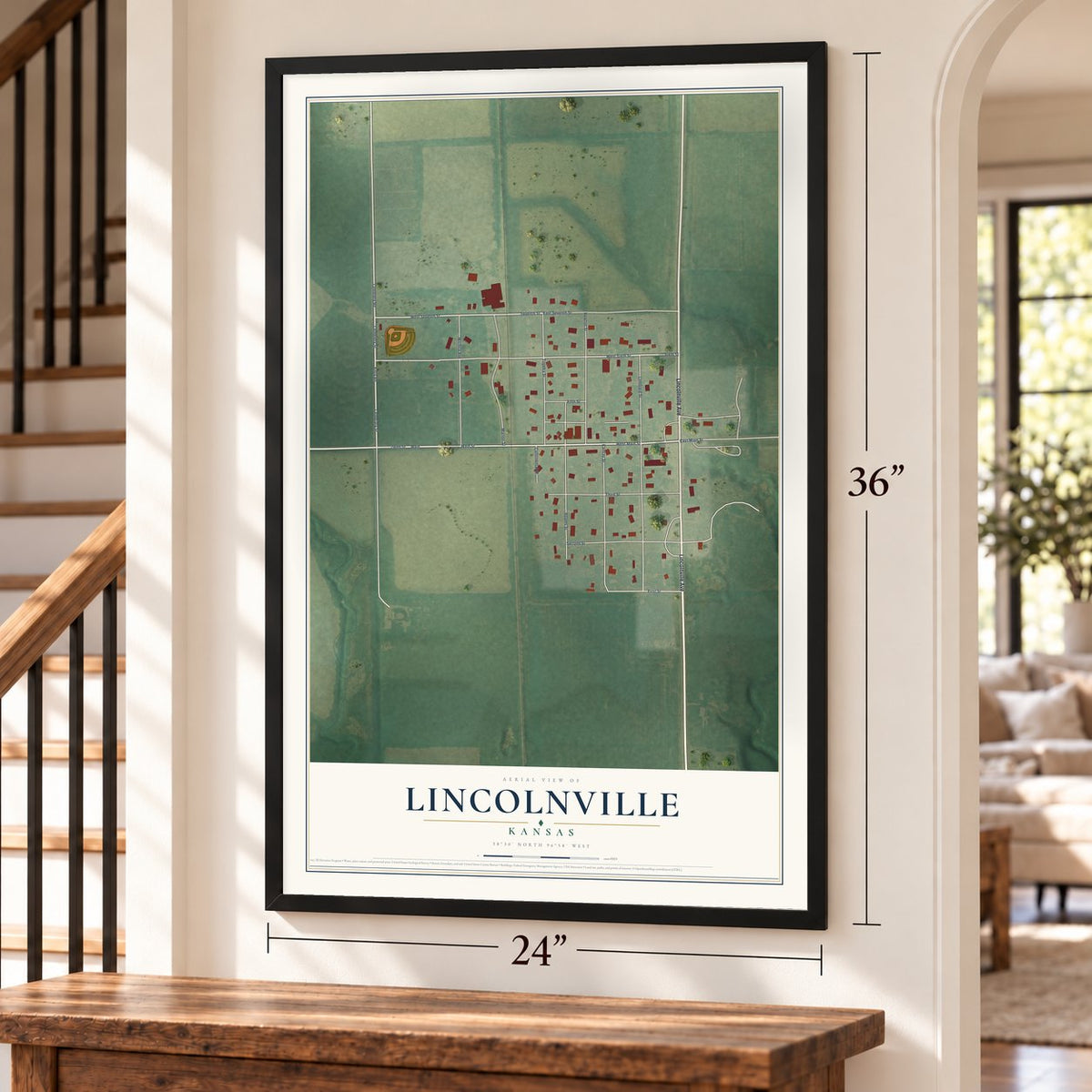 Lincolnville, Kansas map, 24 x 36 inch print in a black frame by a staircase