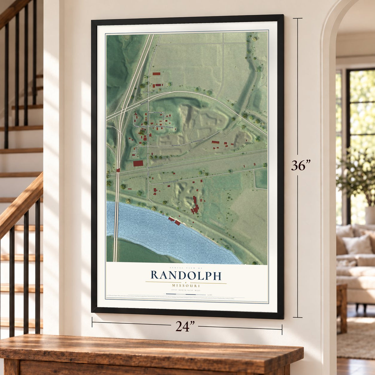 Randolph, Missouri map, 24 x 36 inch print in a black frame by a staircase