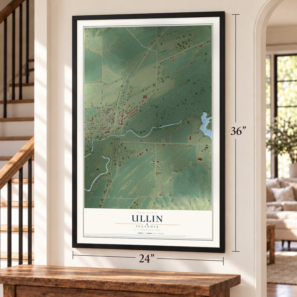 Ullin, Illinois map, 24 x 36 inch print in a black frame by a staircase