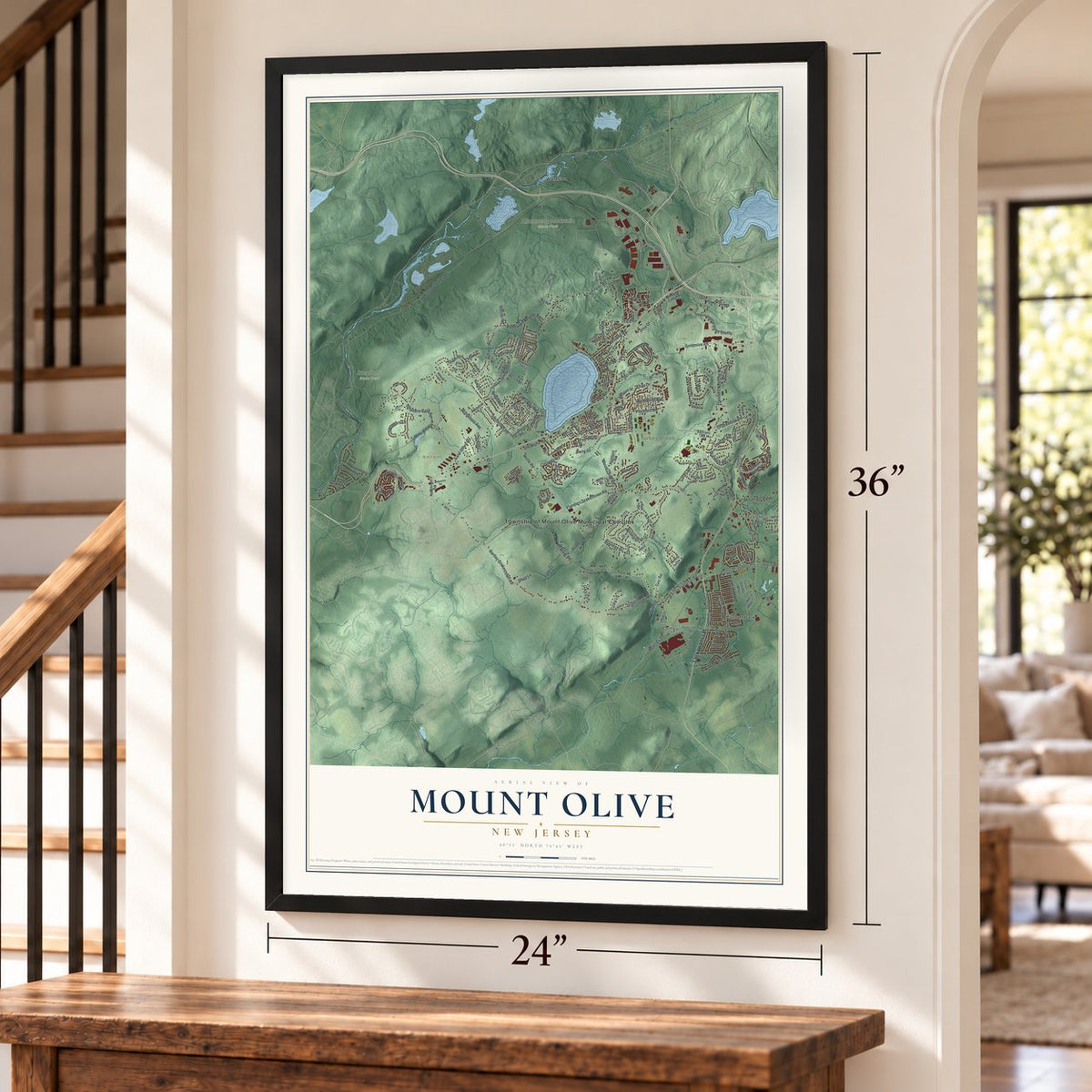 Mount Olive, New Jersey map, 24 x 36 inch print in a black frame by a staircase