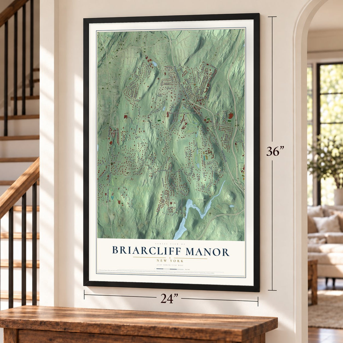 Briarcliff Manor, New York map, 24 x 36 inch print in a black frame by a staircase