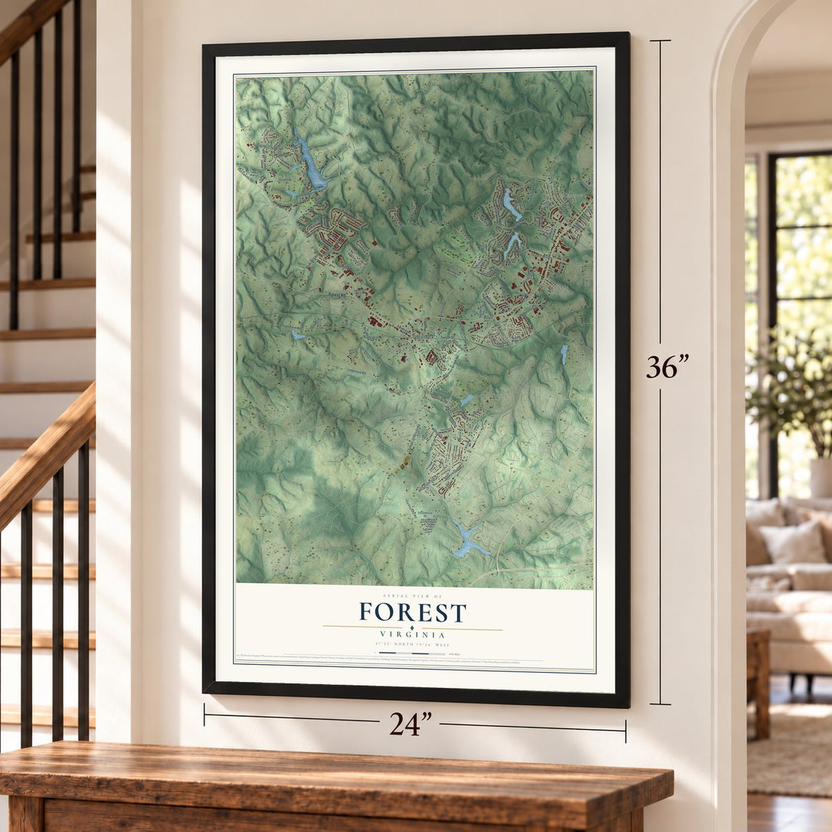 Forest, Virginia map, 24 x 36 inch print in a black frame by a staircase