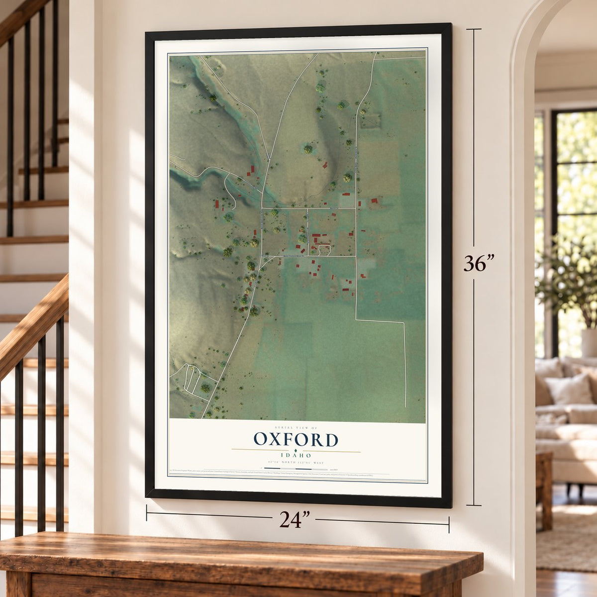 Oxford, Idaho map, 24 x 36 inch print in a black frame by a staircase