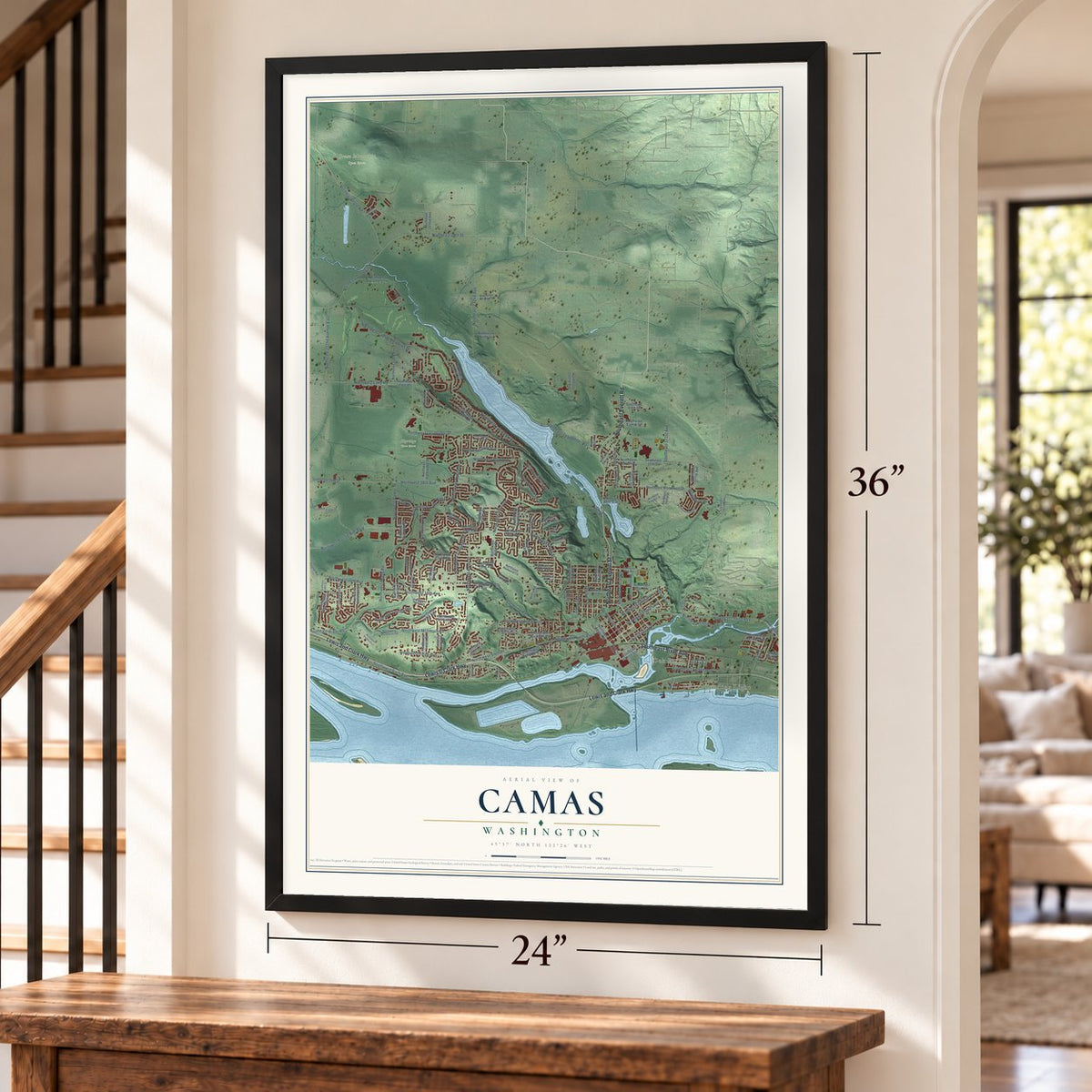 Camas, Washington map, 24 x 36 inch print in a black frame by a staircase