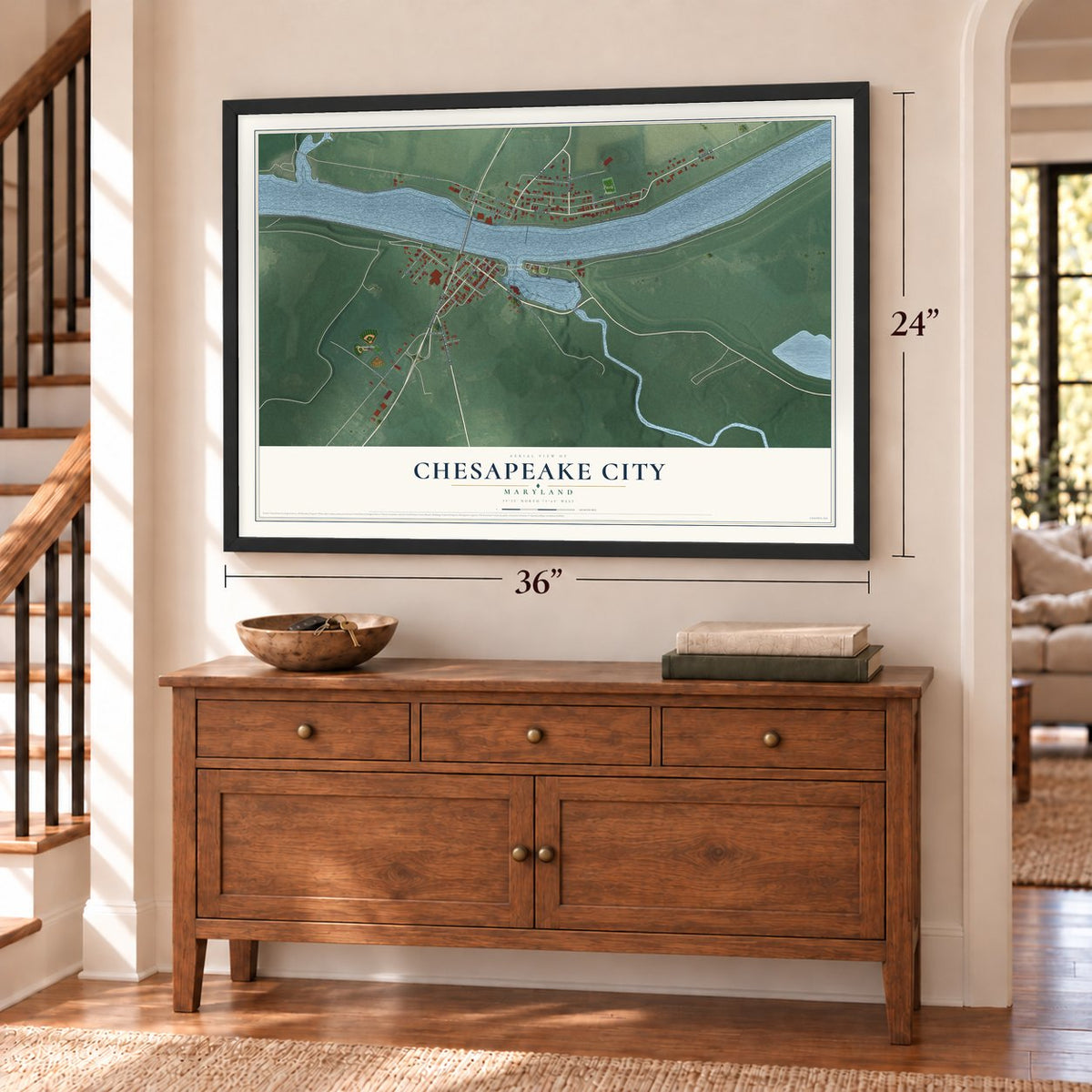 Chesapeake City, Maryland map, 24 x 36 inch print in a black frame above a dresser by a staircase