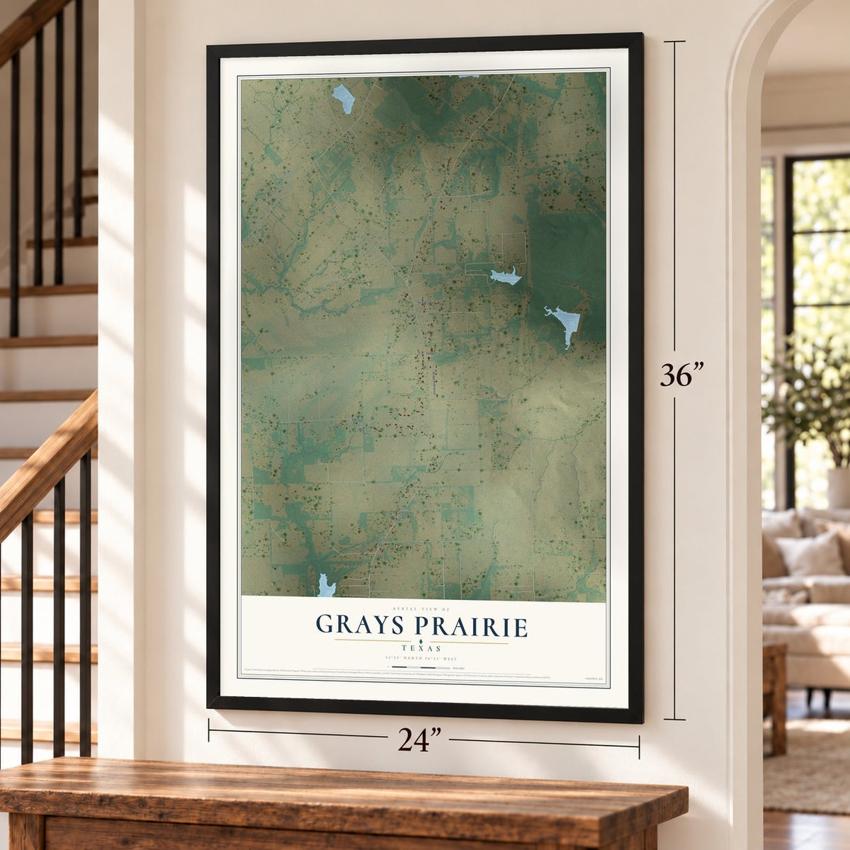Grays Prairie, Texas map, 24 x 36 inch print in a black frame by a staircase