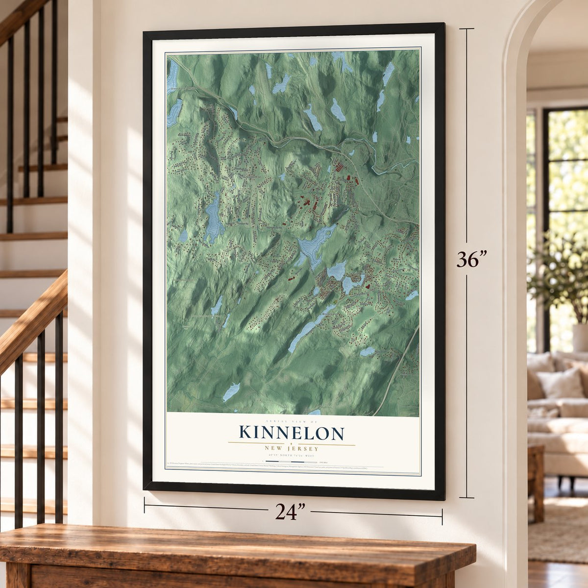 Kinnelon, New Jersey map, 24 x 36 inch print in a black frame by a staircase