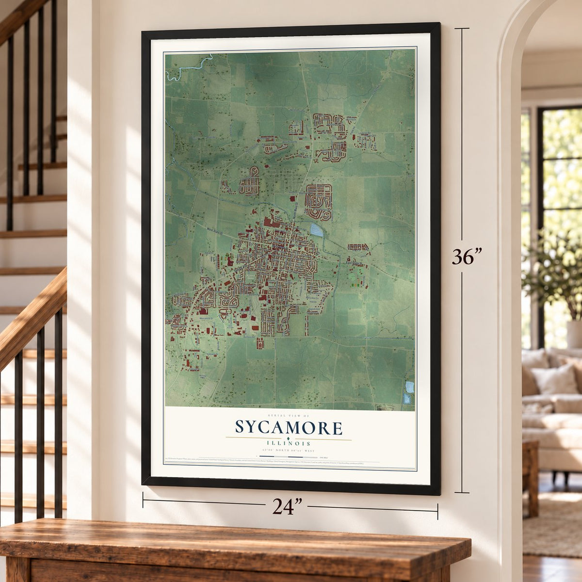 Sycamore, Illinois map, 24 x 36 inch print in a black frame by a staircase