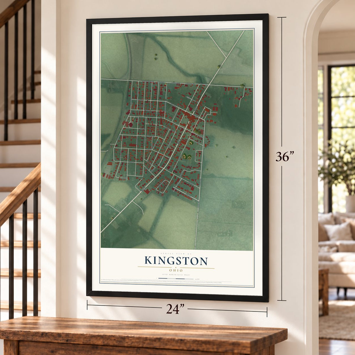 Kingston, Ohio map, 24 x 36 inch print in a black frame by a staircase
