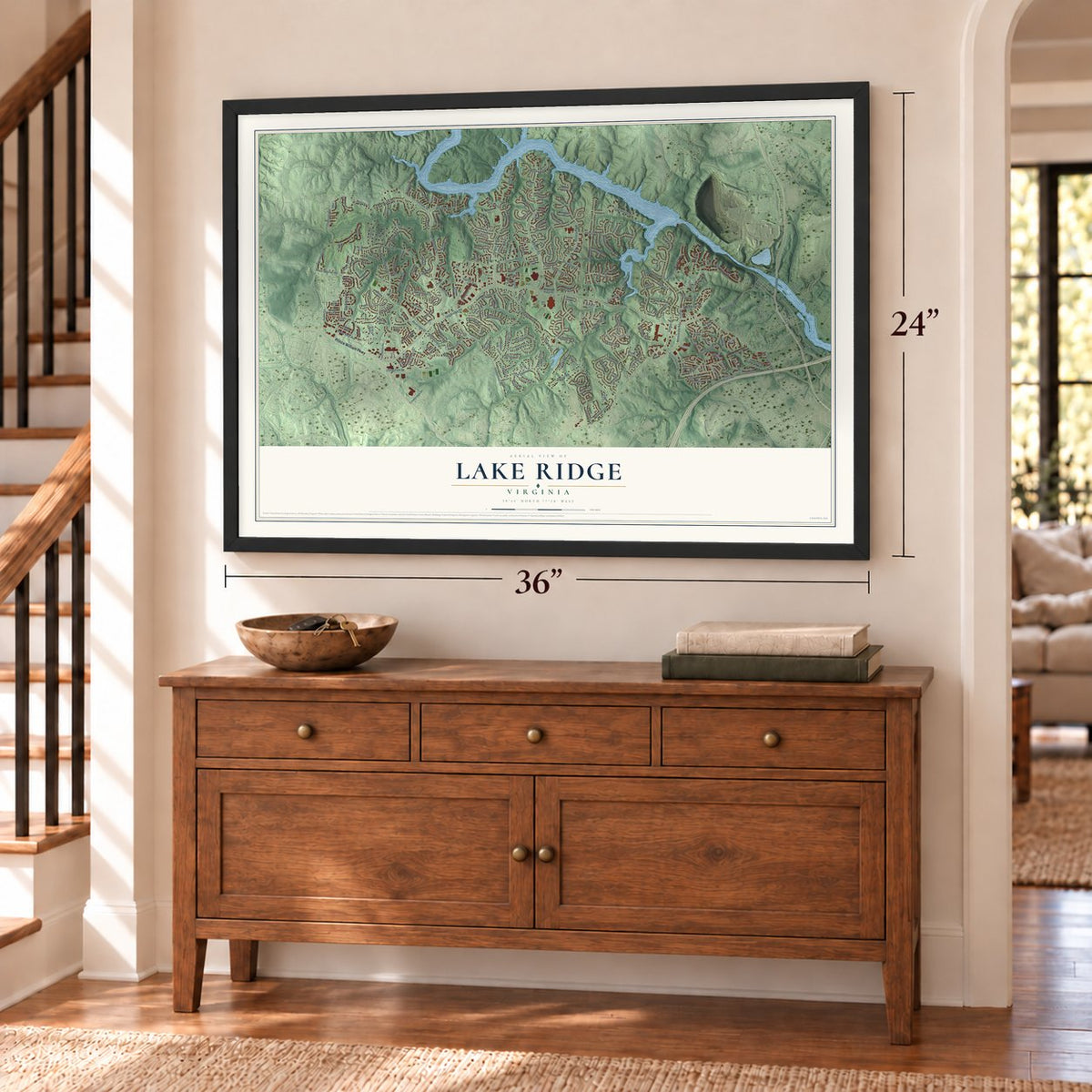 Lake Ridge, Virginia map, 24 x 36 inch print in a black frame above a dresser by a staircase