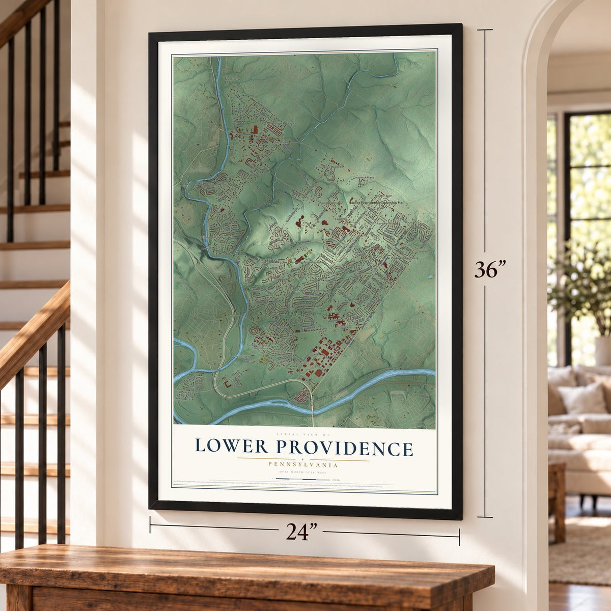 Lower Providence, Pennsylvania map, 24 x 36 inch print in a black frame by a staircase