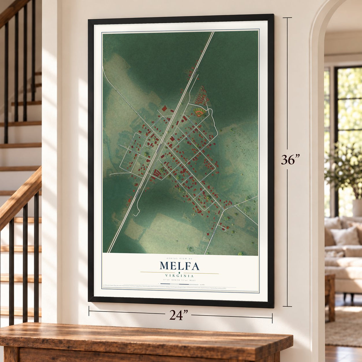 Melfa, Virginia map, 24 x 36 inch print in a black frame by a staircase