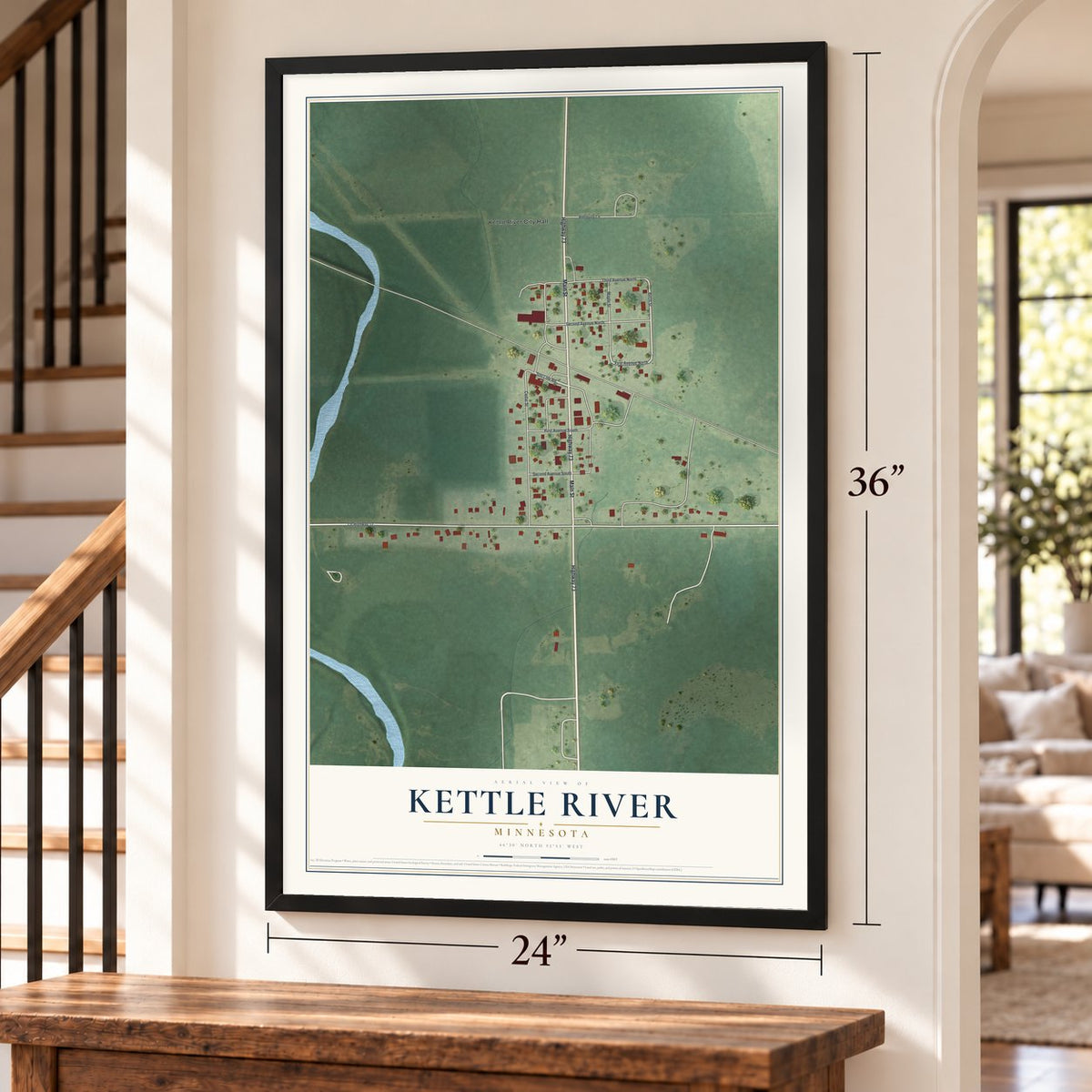 Kettle River, Minnesota map, 24 x 36 inch print in a black frame by a staircase