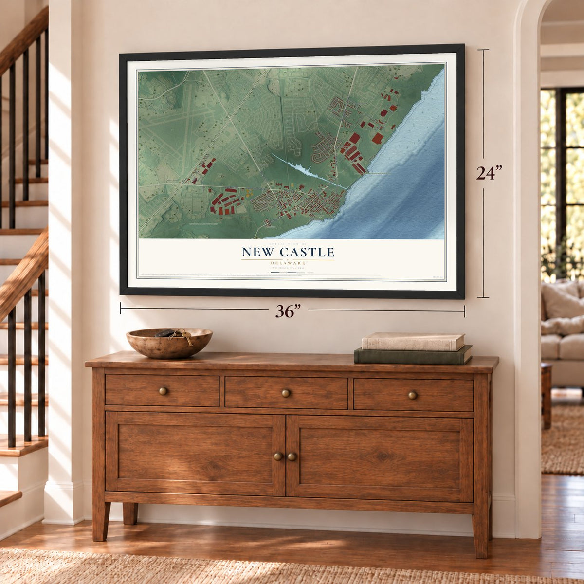 New Castle, Delaware map, 24 x 36 inch print in a black frame above a dresser by a staircase