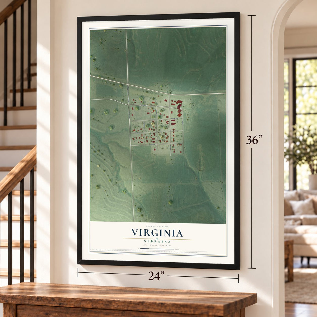 Virginia, Nebraska map, 24 x 36 inch print in a black frame by a staircase