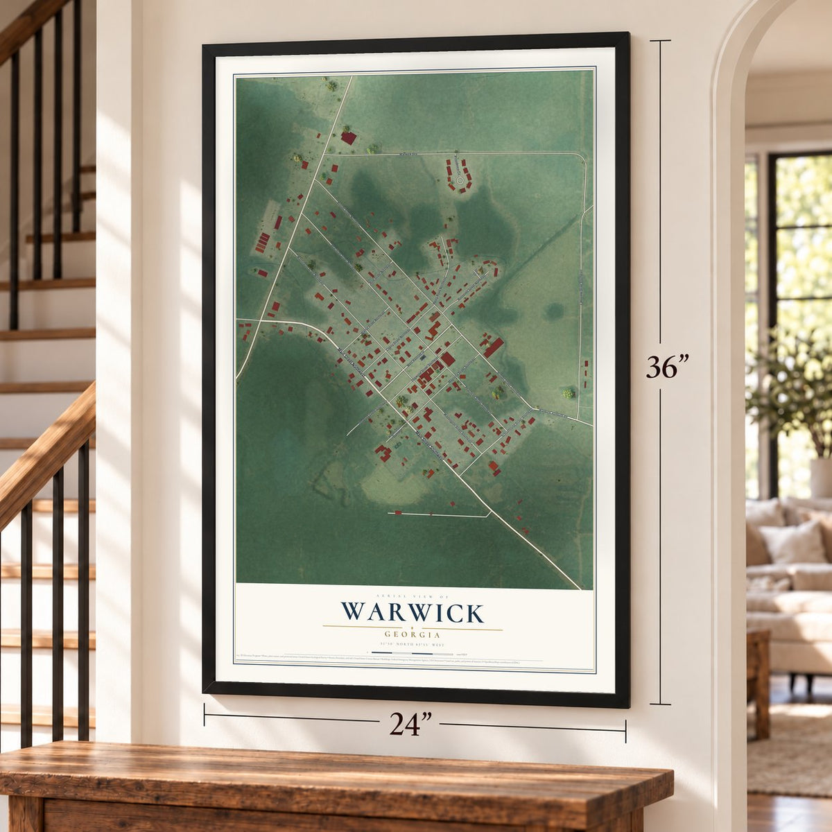 Warwick, Georgia map, 24 x 36 inch print in a black frame by a staircase