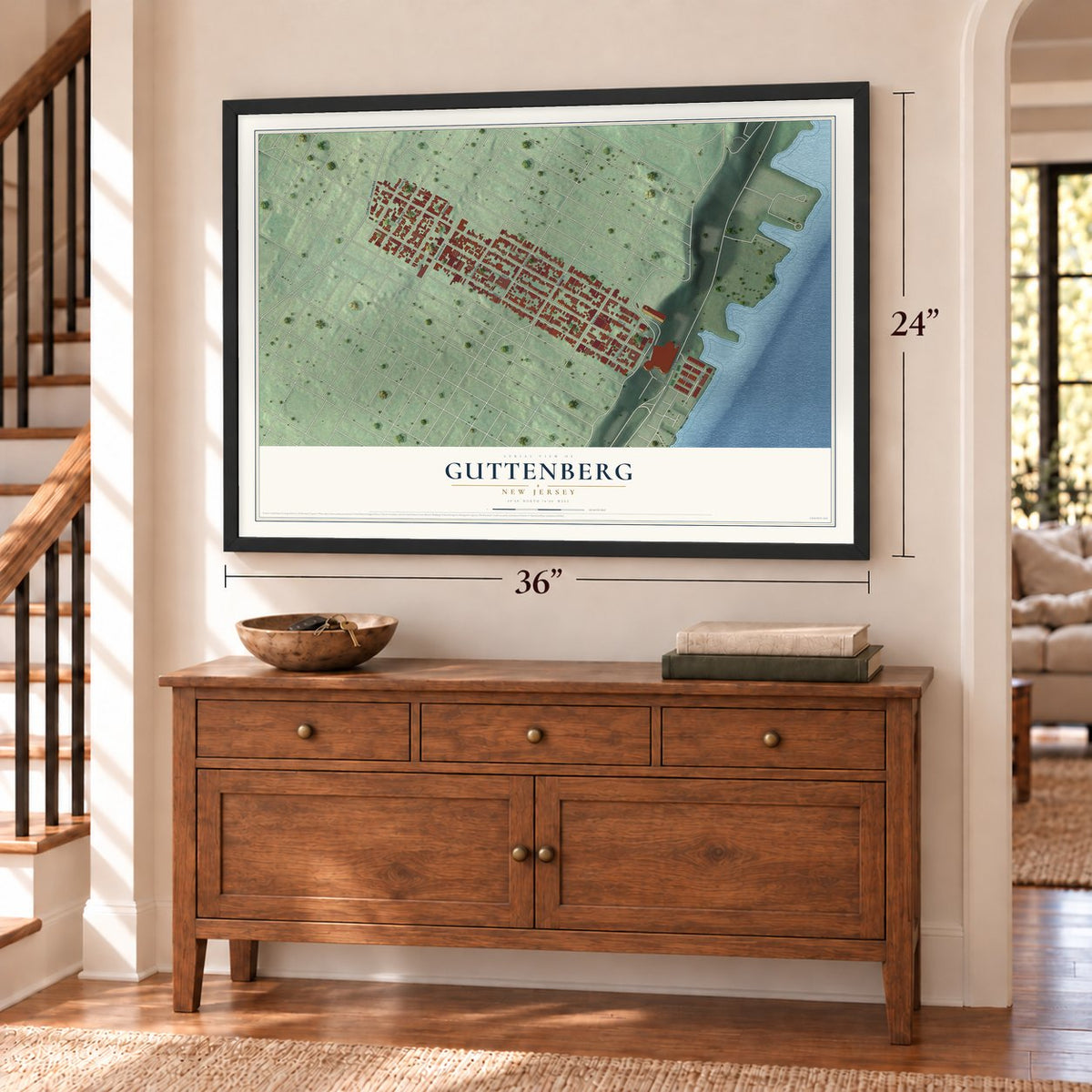 Guttenberg, New Jersey map, 24 x 36 inch print in a black frame above a dresser by a staircase