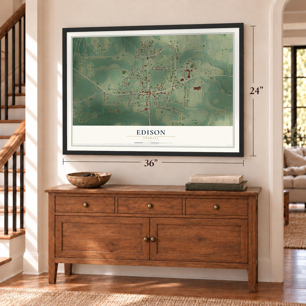 Edison, Georgia map, 24 x 36 inch print in a black frame above a dresser by a staircase