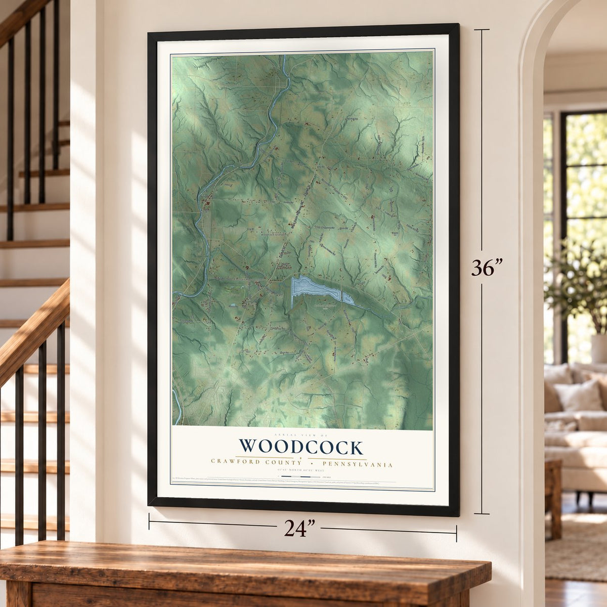 Woodcock, Crawford County, Pennsylvania map, 24 x 36 inch print in a black frame by a staircase