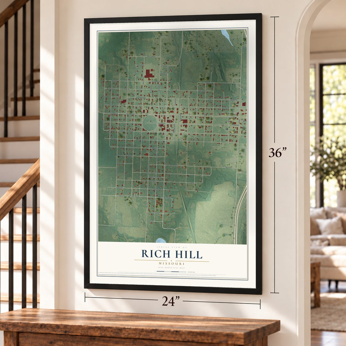 Rich Hill, Missouri map, 24 x 36 inch print in a black frame by a staircase
