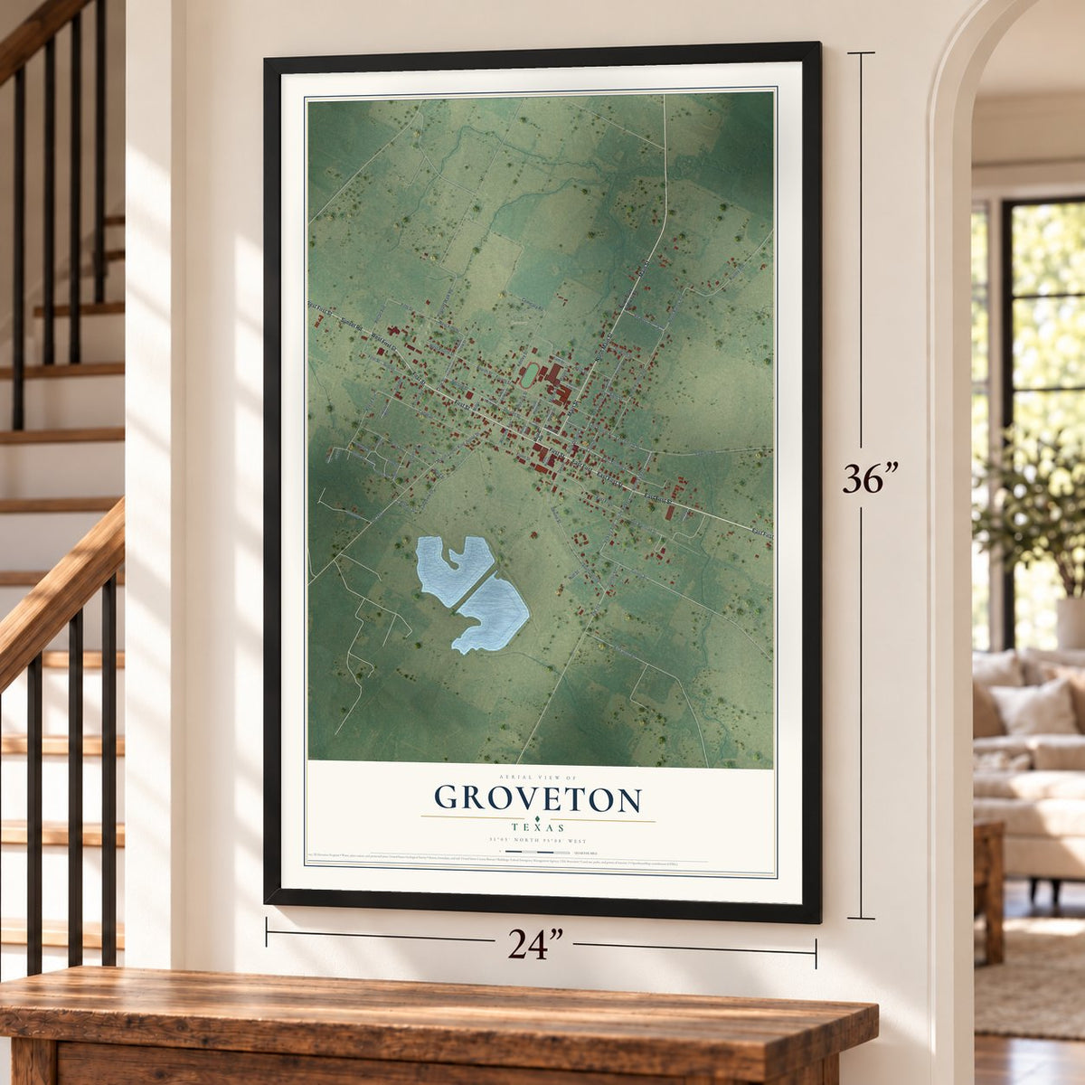Groveton, Texas map, 24 x 36 inch print in a black frame by a staircase