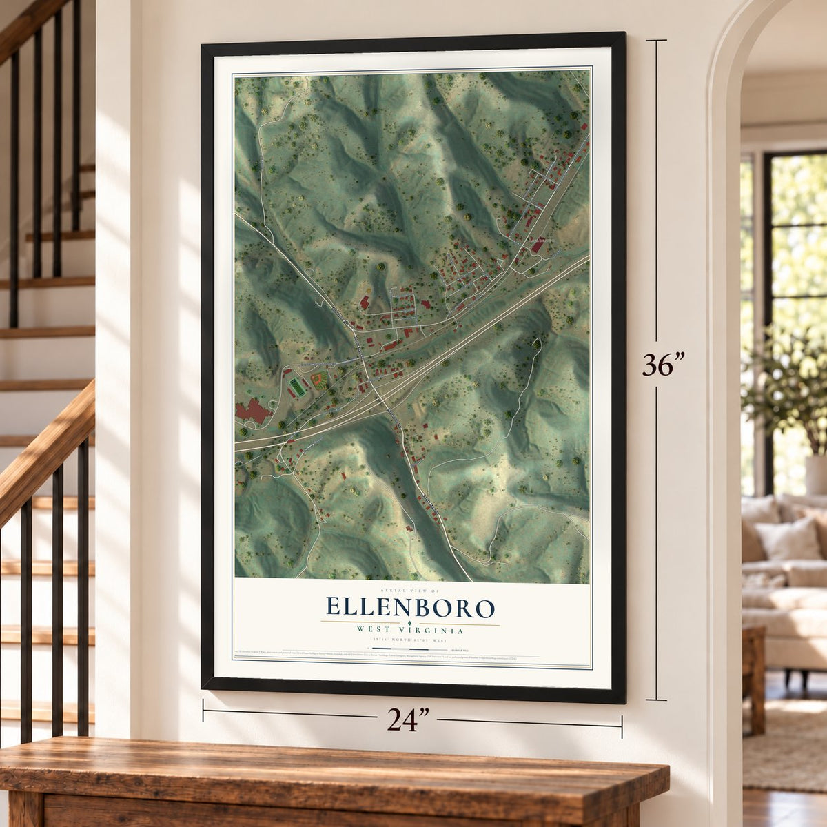 Ellenboro, West Virginia map, 24 x 36 inch print in a black frame by a staircase