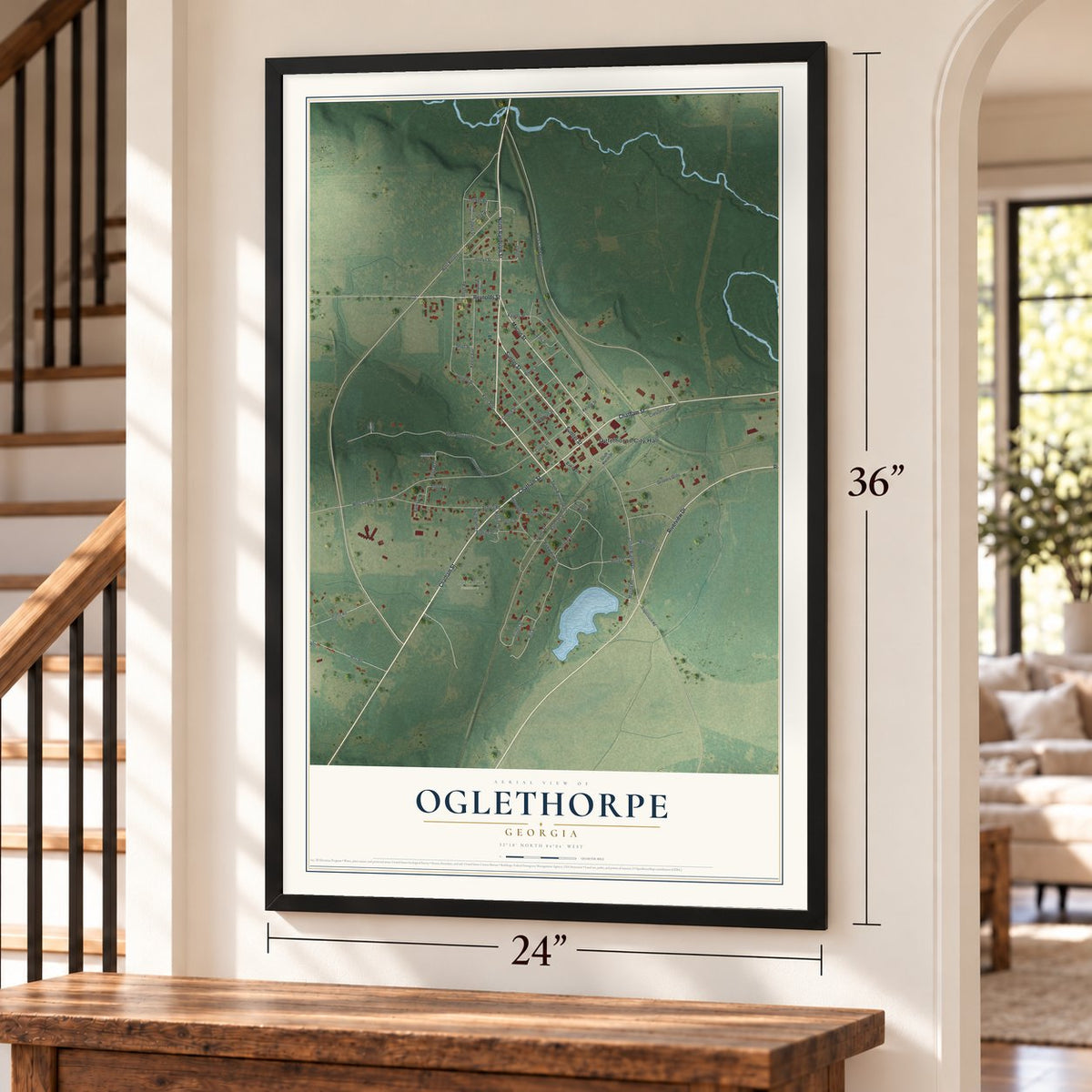Oglethorpe, Georgia map, 24 x 36 inch print in a black frame by a staircase