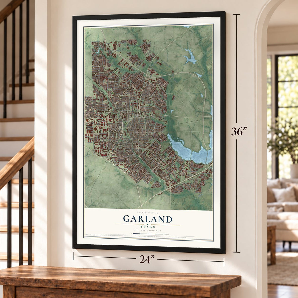 Garland, Texas map, 24 x 36 inch print in a black frame by a staircase