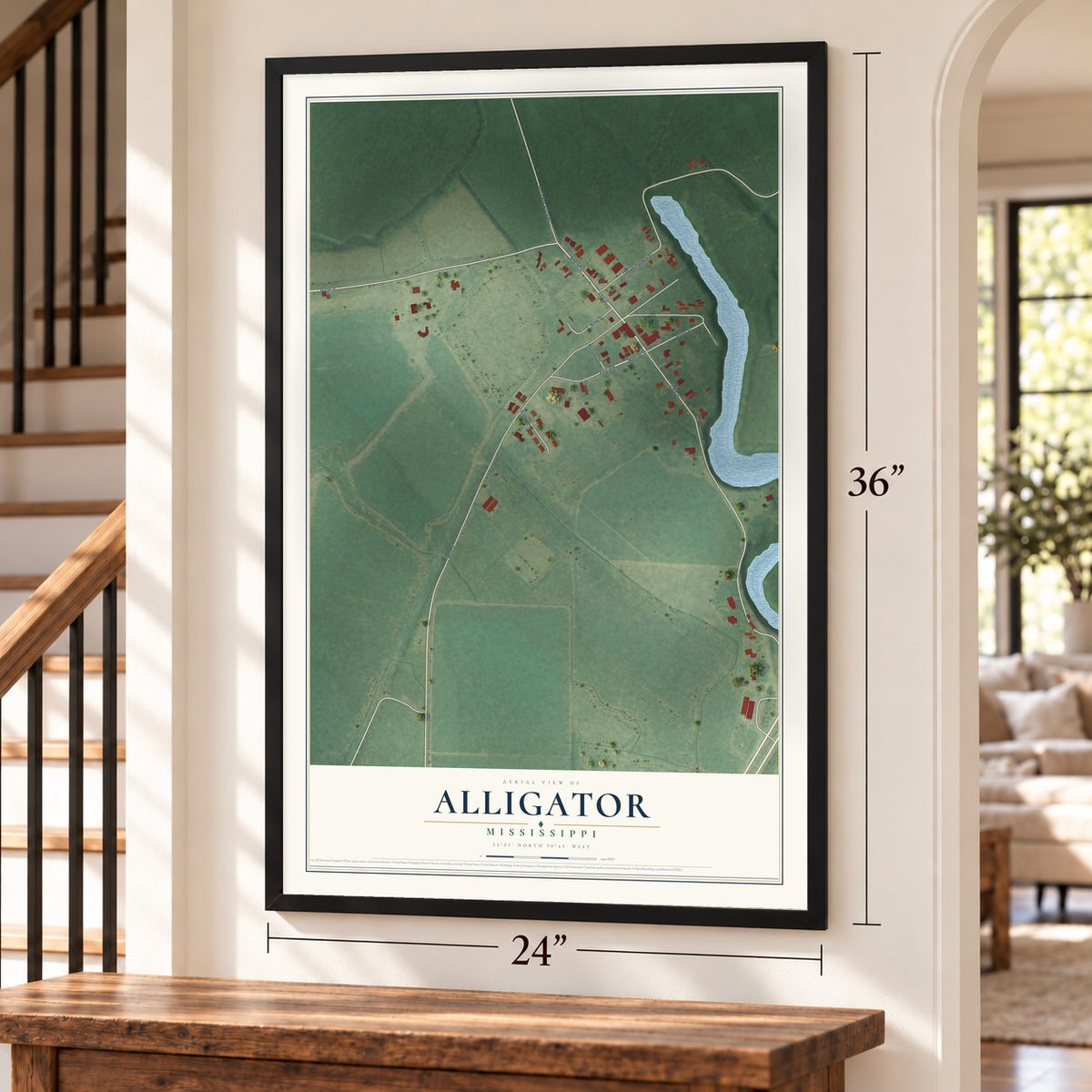 Alligator, Mississippi map, 24 x 36 inch print in a black frame by a staircase