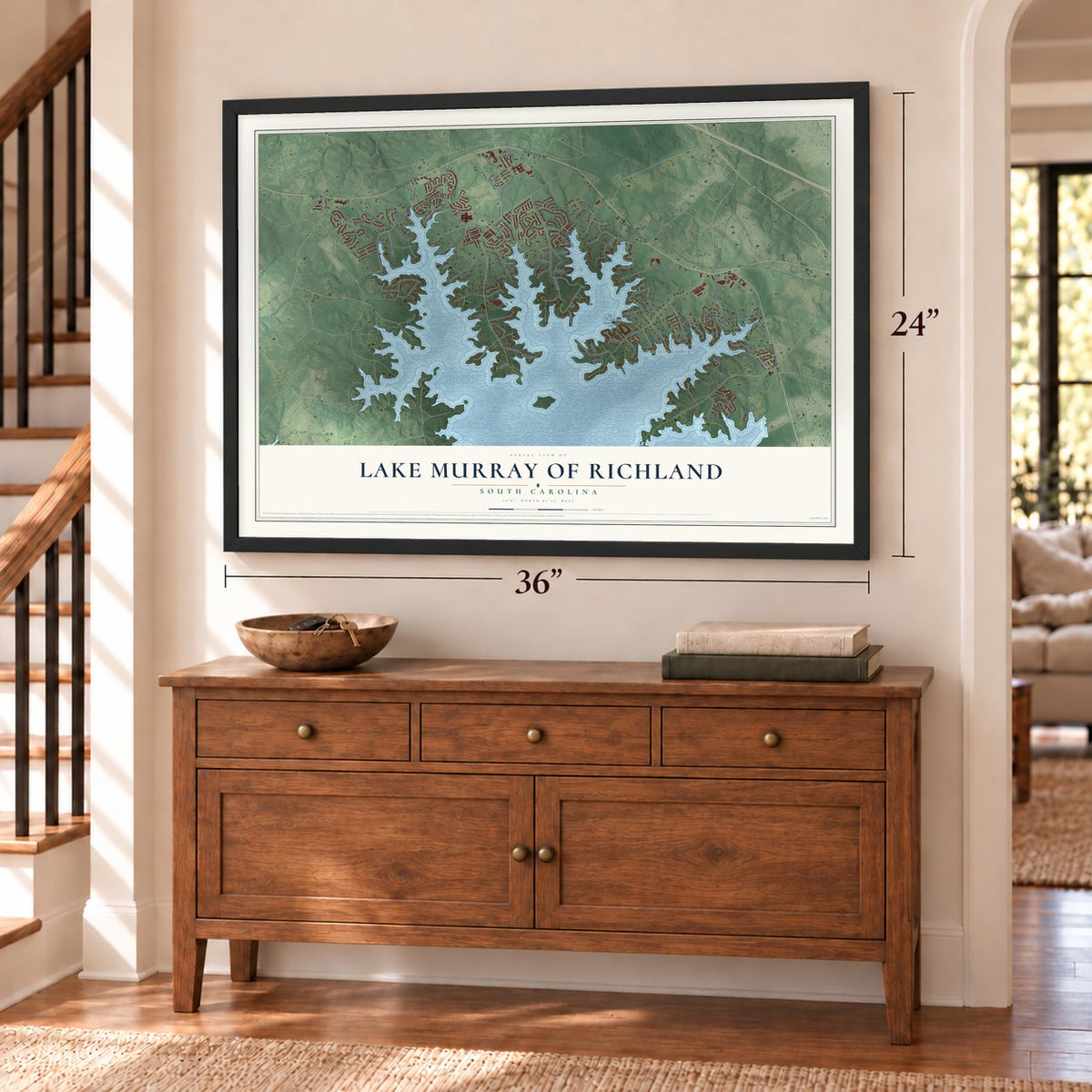 Lake Murray of Richland, South Carolina map, 24 x 36 inch print in a black frame above a dresser by a staircase
