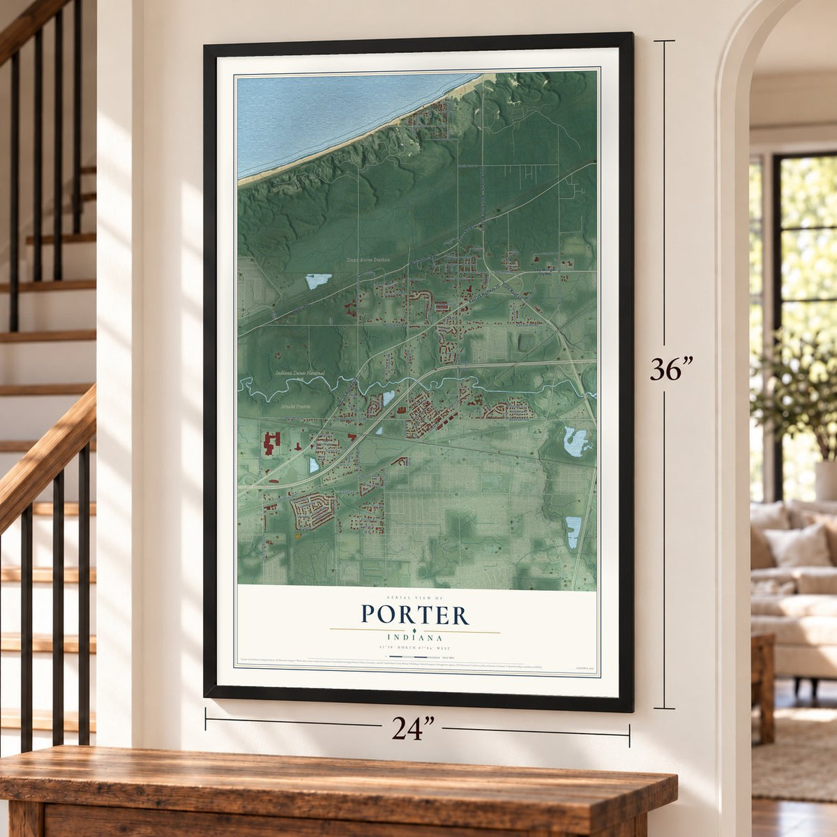 Porter, Indiana map, 24 x 36 inch print in a black frame by a staircase