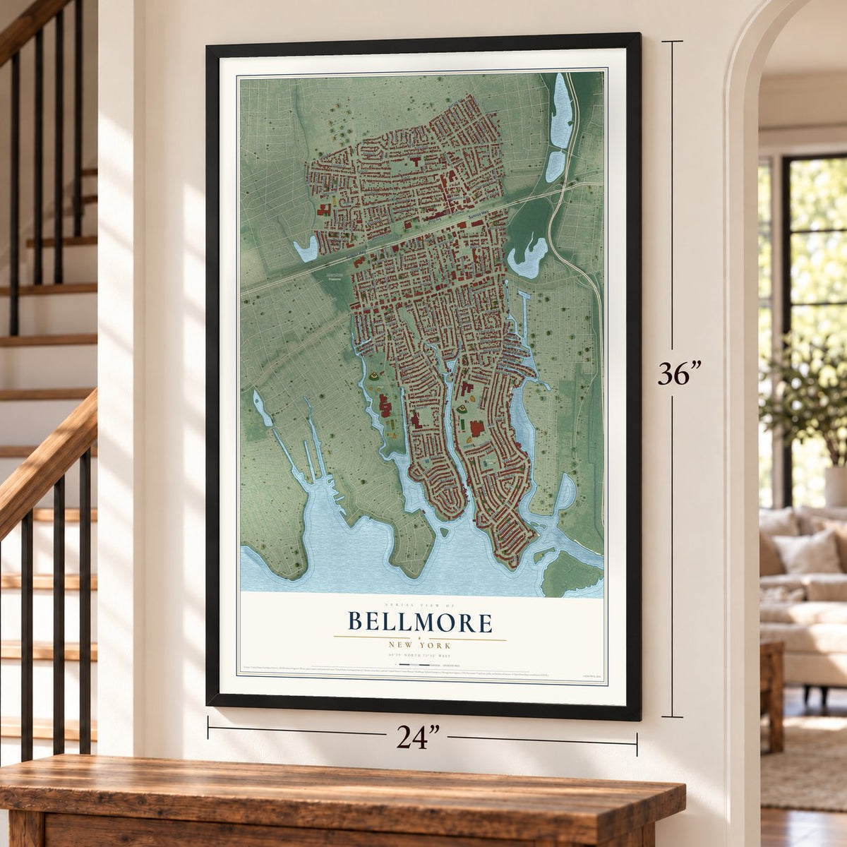 Bellmore, New York map, 24 x 36 inch print in a black frame by a staircase
