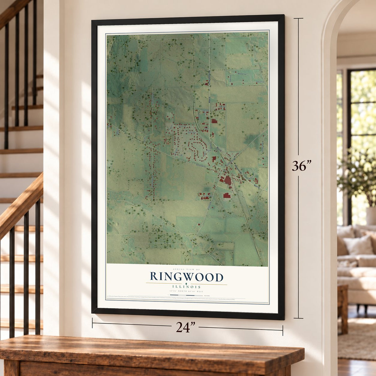 Ringwood, Illinois map, 24 x 36 inch print in a black frame by a staircase