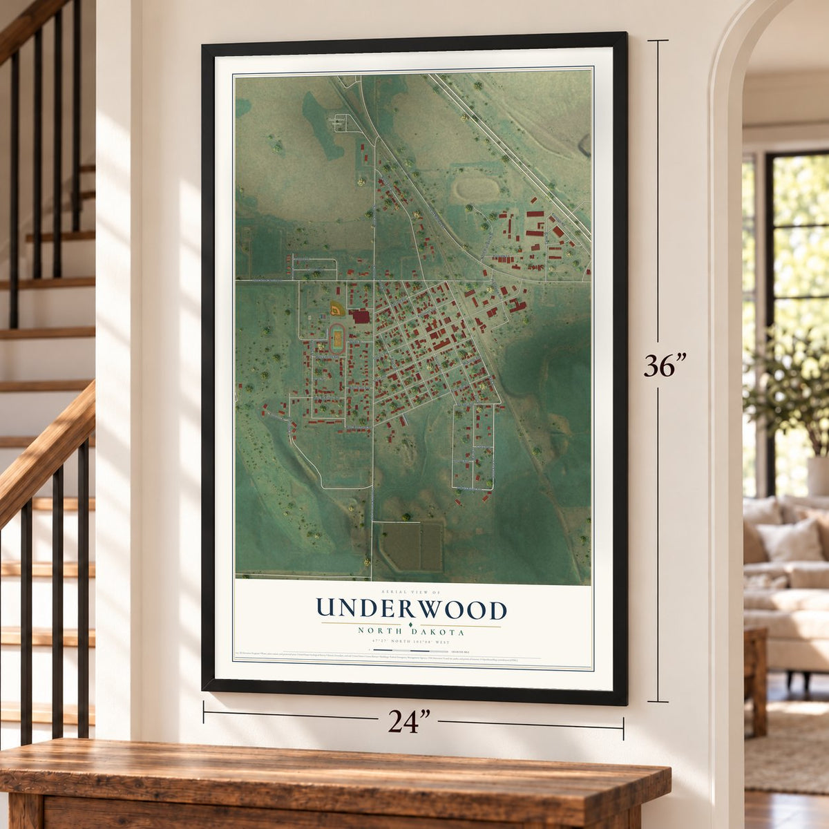 Underwood, North Dakota map, 24 x 36 inch print in a black frame by a staircase