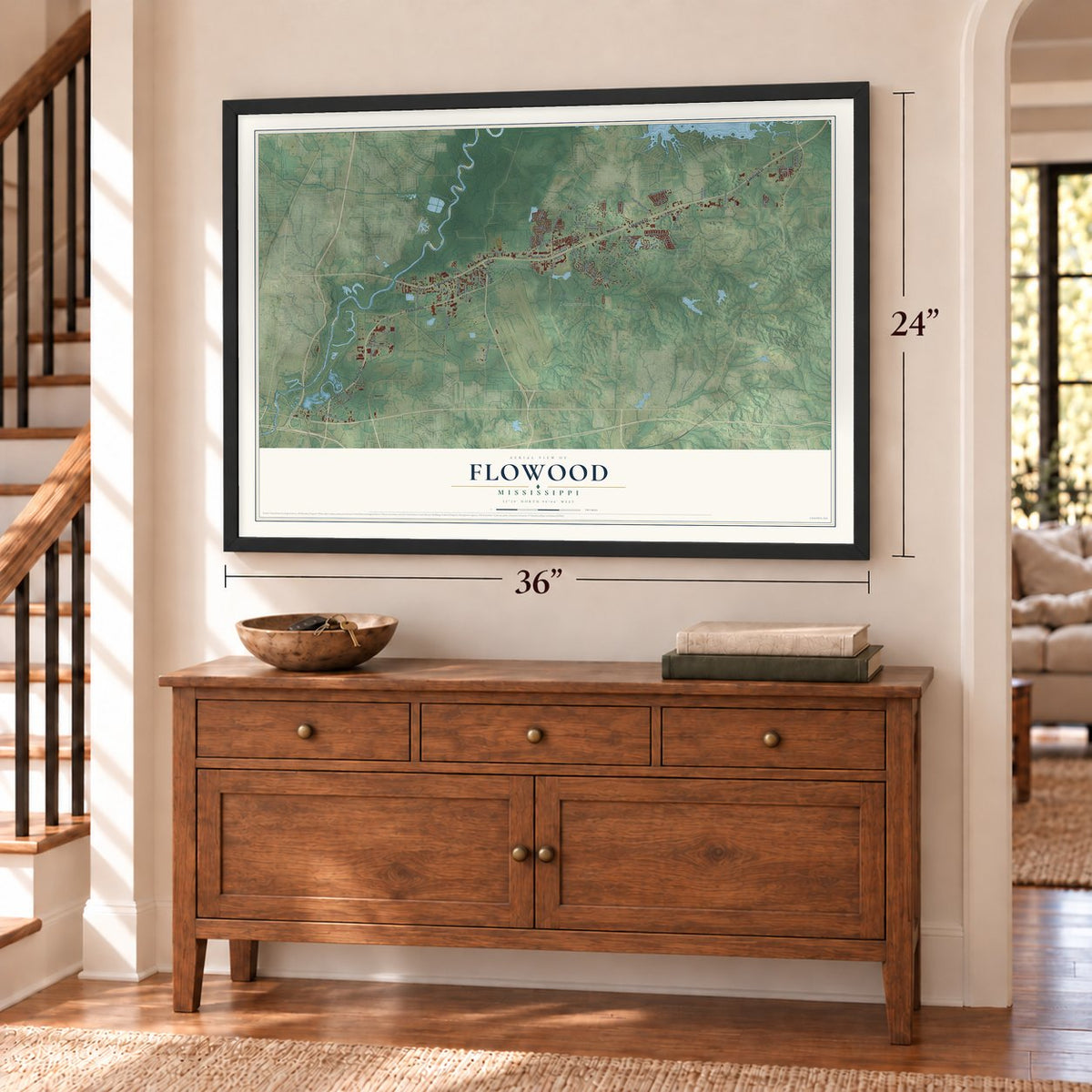Flowood, Mississippi map, 24 x 36 inch print in a black frame above a dresser by a staircase