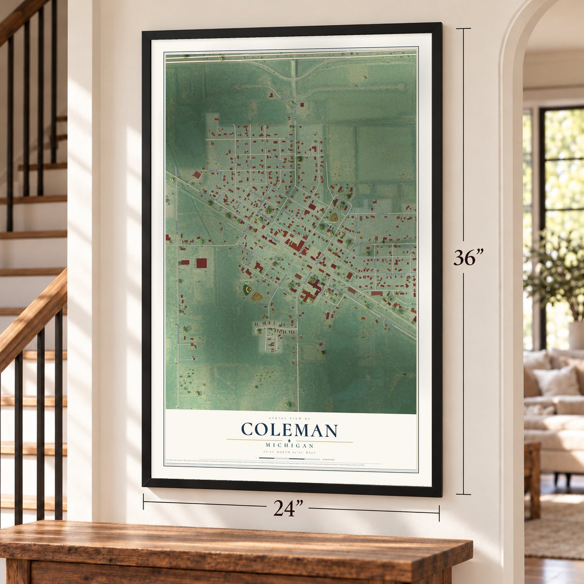 Coleman, Michigan map, 24 x 36 inch print in a black frame by a staircase
