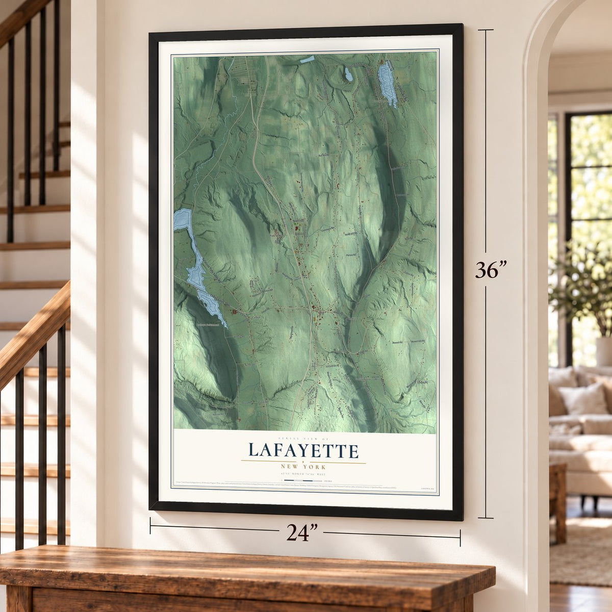 LaFayette, New York map, 24 x 36 inch print in a black frame by a staircase