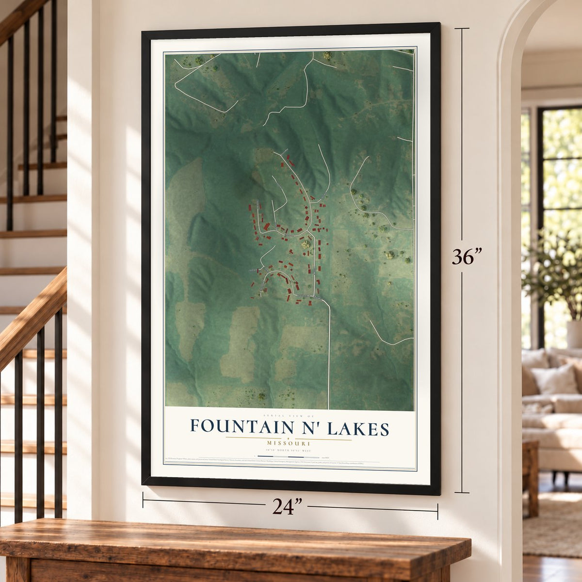 Fountain N' Lakes, Missouri map, 24 x 36 inch print in a black frame by a staircase
