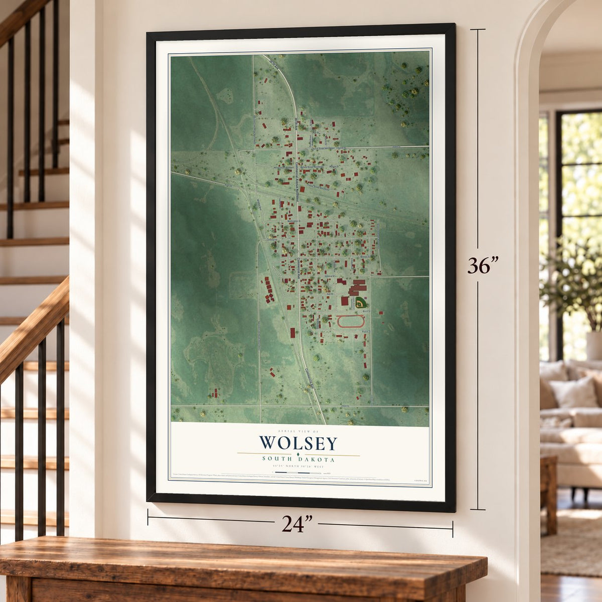 Wolsey, South Dakota map, 24 x 36 inch print in a black frame by a staircase