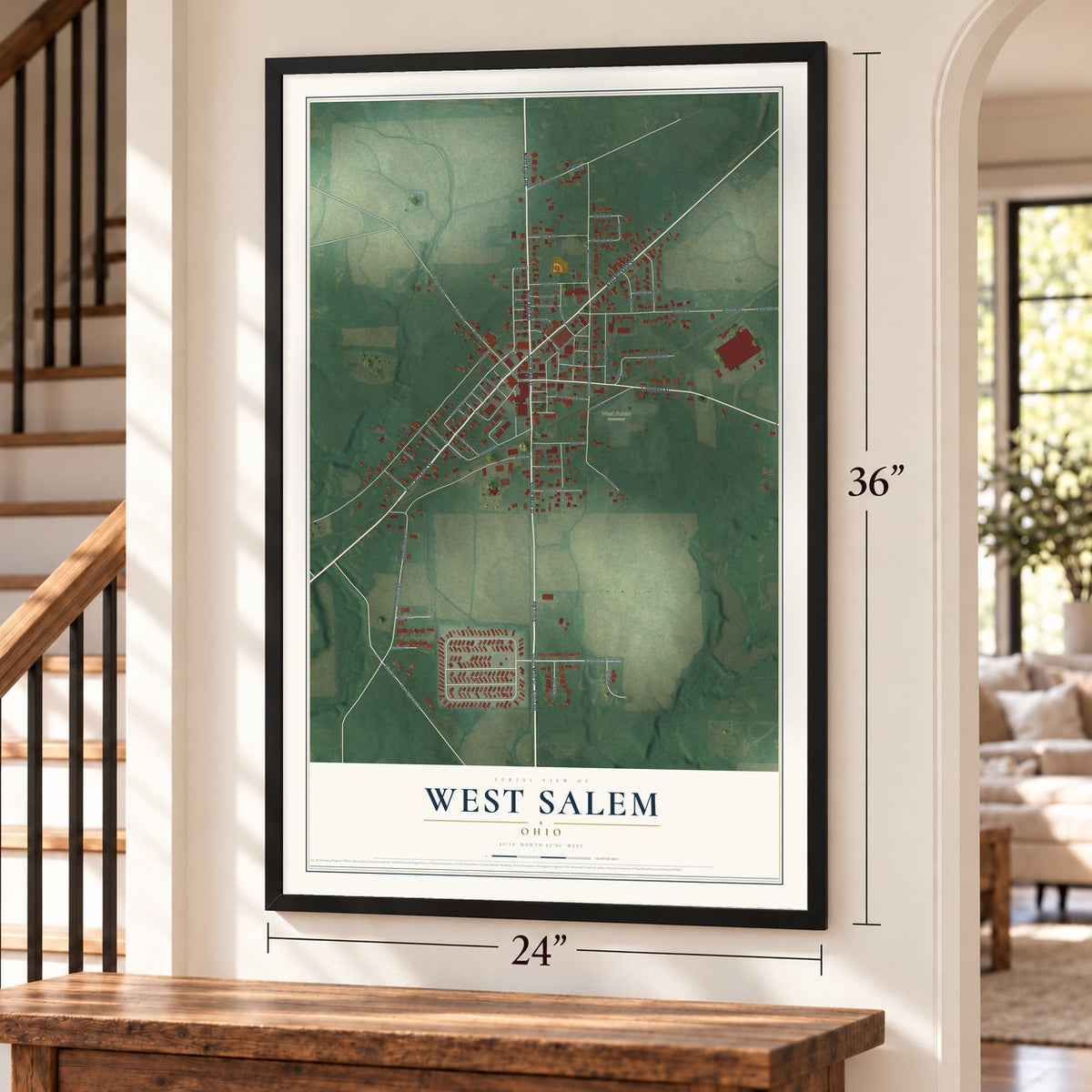 West Salem, Ohio map, 24 x 36 inch print in a black frame by a staircase
