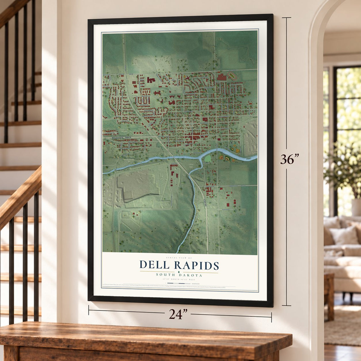Dell Rapids, South Dakota map, 24 x 36 inch print in a black frame by a staircase